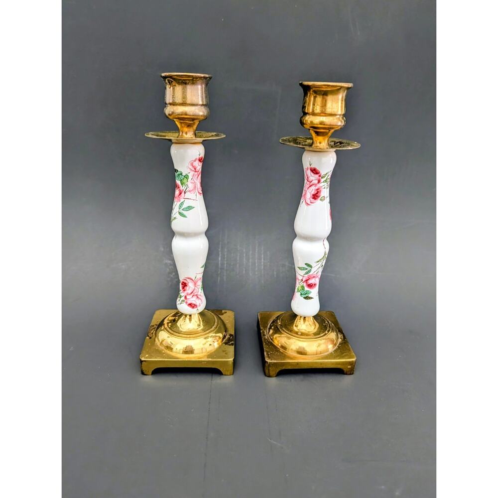 PAIR Solid brass and Porcelain White/ Pink floral candlesticks 8.25" Vintage